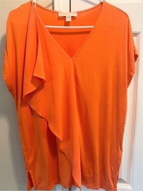 Michael Kors Orange V-Neck Ruffle Short Sleeve Top for Women